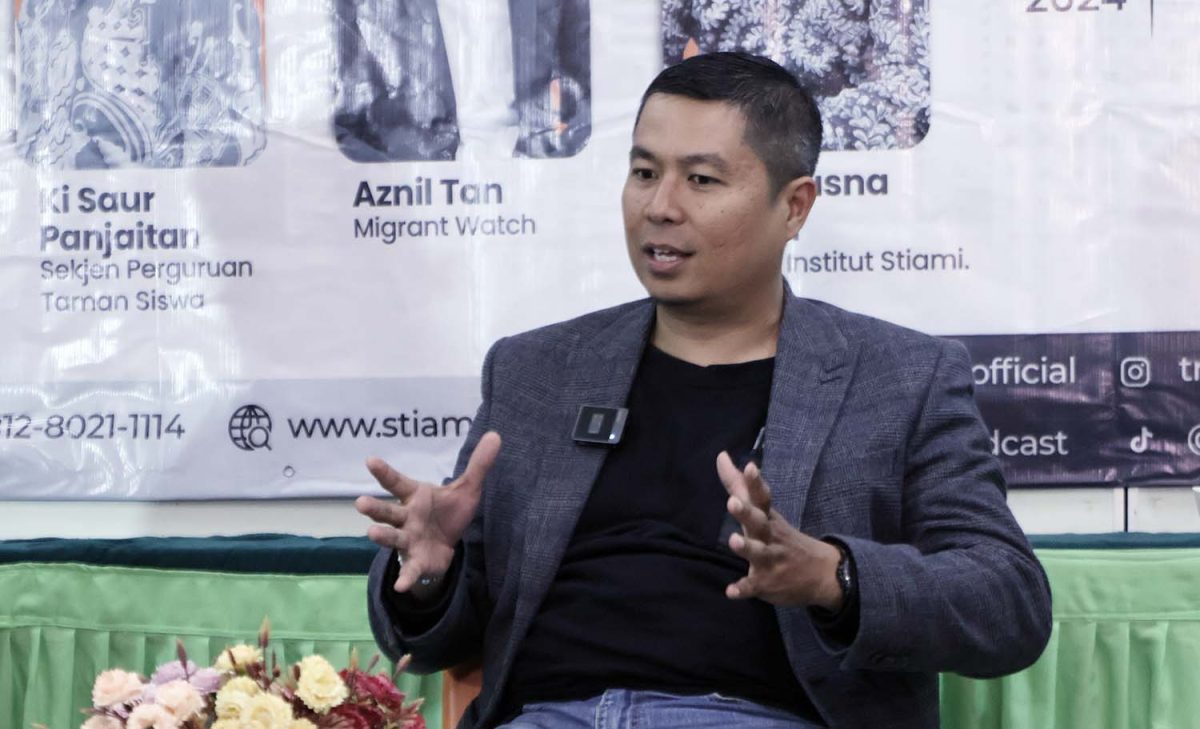 NGOBROL BARENG - Debat Capres Bersama Trust Indonesia dan Institut STIAMI yang disiarkan secara live di youtube trust.id.podcast, heraldindonesia dan StiamiTV. Dengan 4 narasumber yakni Azhari Ardinal (Dir.Eksekutif Trust Indonesia), Ki Saur Panjaitan (Sekjen Perguruan Taman Siswa), Aznil Tan (Migrant Watch) dan Dedy Kusna Utama (Direktur Institut STIAMI) di Institut STIAMI Cempaka Putih Jakarta Timur, Minggu (04/02). Foto : Herald.id/mak