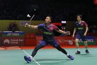 Pasangan Mohammad Ahsan/Hendra Setiawan melaju ke 16 besar turnamen bulu tangkis Daihatsu Indonesia Masters 2025. Foto : PP PBSI